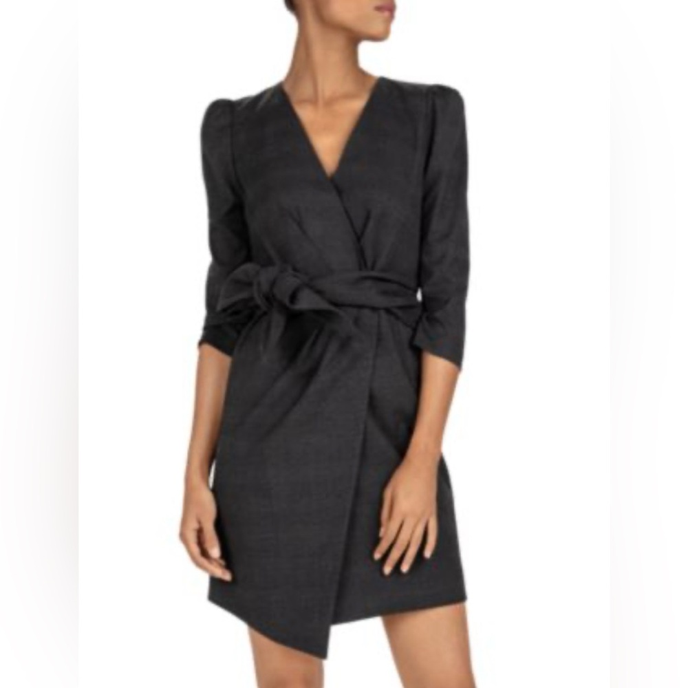 BA&SH  Charcoal Gray puff sleeve Wrap Dress with Waist Tie size M